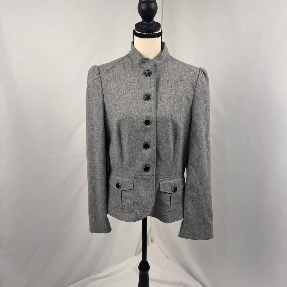 Vintage Banana Republic Jacket Women 10 Gray Wool Blend Military Puff Sleeve